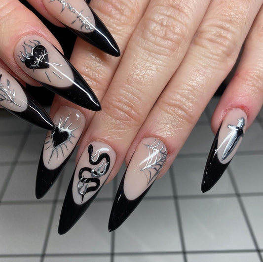 24Pcs False Nails Spicy Girl Silver Bow with Diamond Fake Na