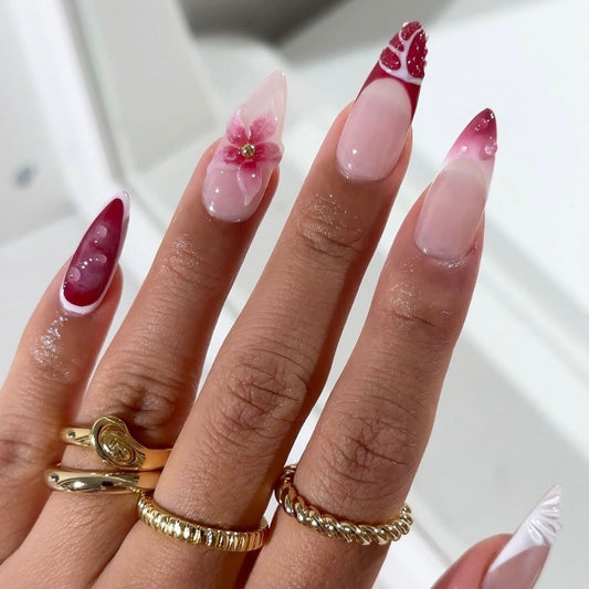 24pcs Short Almond Press on Nails 3D Flower Butterfly Fake N