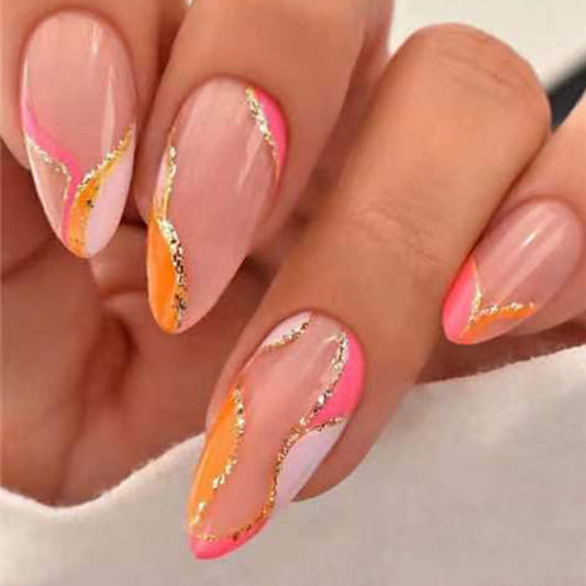 24Pcs Fashion European and American Ins Style Almond Nail Sparkle Pink Lines Orange Nail Art Press On Nails Spicy Girl Fake Nail Art