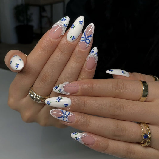 24pcs Almond False Nails Tips Summer Beach Colorful Nails Se