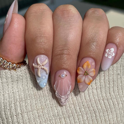 24PCS 3D Sweet Pink Flower Almond Press on False Nails with