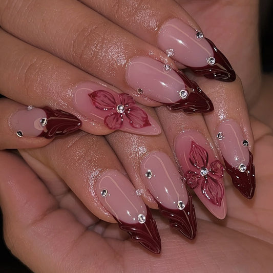 24PCS French Wine Red Press On Nails Simple Petal Flowers Hot Selling Nail Slices in Europe and America Press on Nails