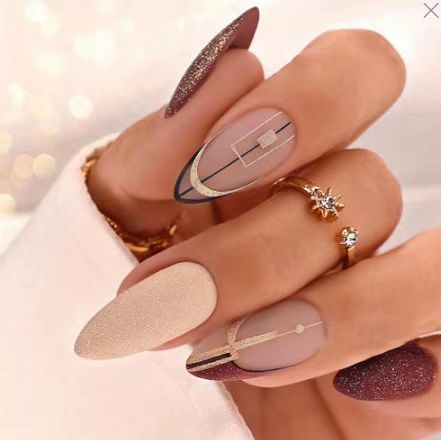24Pcs Pink Almond False Nails Shiny Golden Ripples Stiletto Press-On Nails