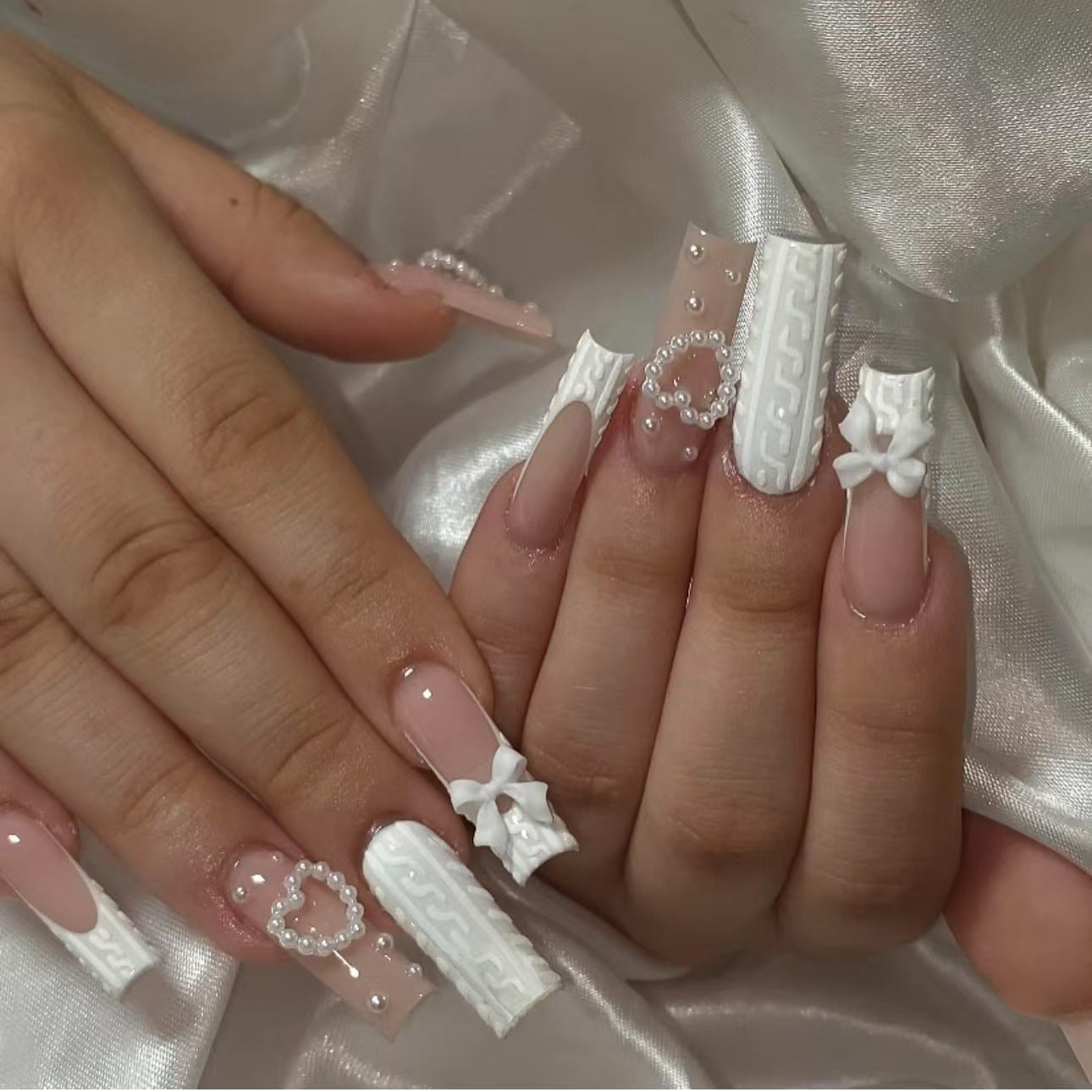 24Pcs White French Press on Nails 3D Bowknot Fake Nails Tips Full