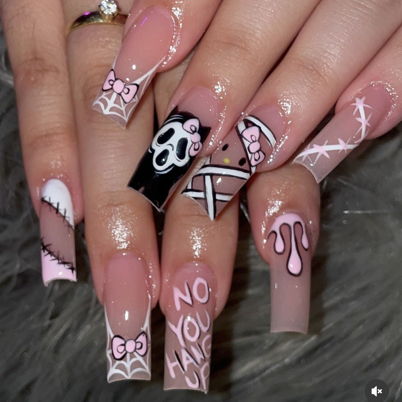 24Pcs Halloween Ballet False Nails with Ghost Spider Web Des