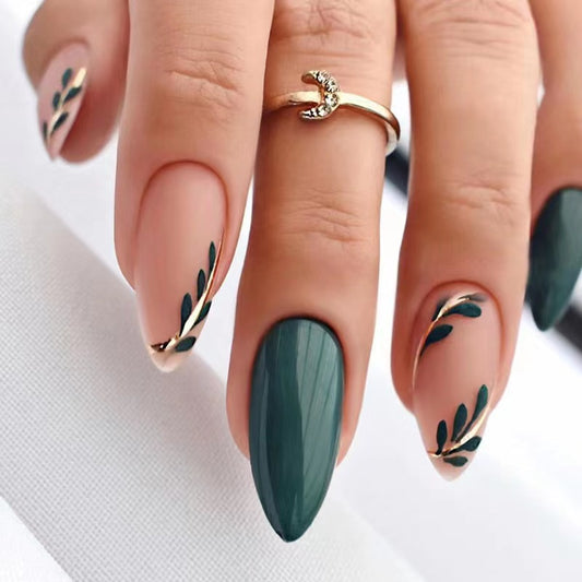 24Pcs small fresh bright color frosted double panel nail art cool and simple green leaf Press On Nails dark green temperament sweet and cool ins style