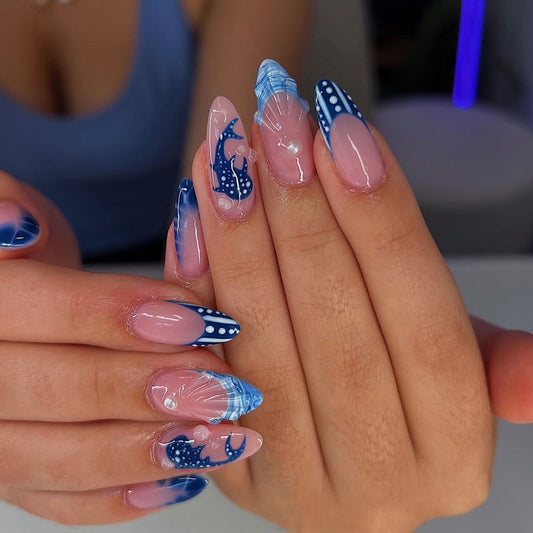 24Pcs Sea Salt Wave Point Ins Wind Summer Fresh Press On Nails~European and American Simple Round Head Nail Fake Nail Patch