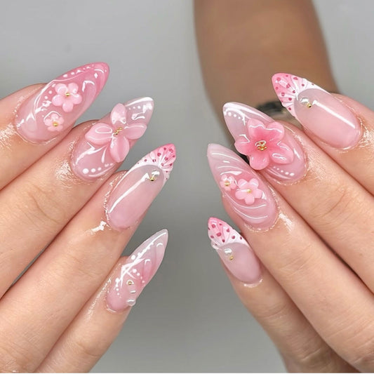 24pcs Almond False Nails Tips Summer Beach Colorful Nails Se