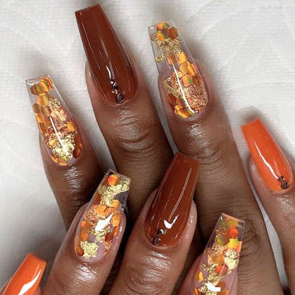 24pcs European and American Sparkling Diamond Nail Art Autumn Maple Leaf Glitter Press On Nails Nail Art Slices Maillard Style Press On Nails