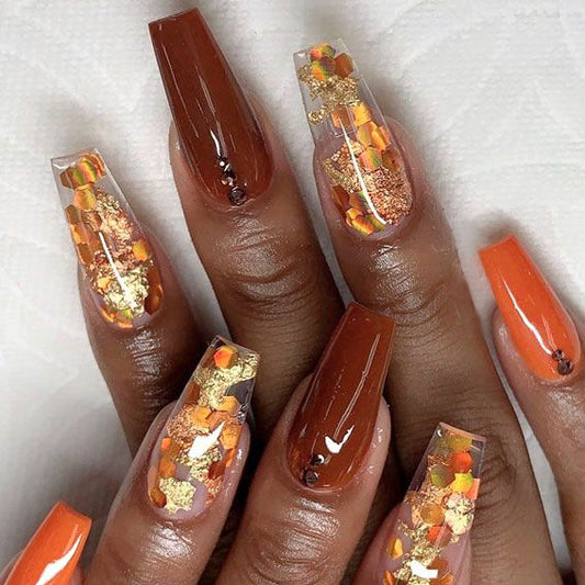 24pcs European and American Sparkling Diamond Nail Art Autumn Maple Leaf Glitter Press On Nails Nail Art Slices Maillard Style Press On Nails
