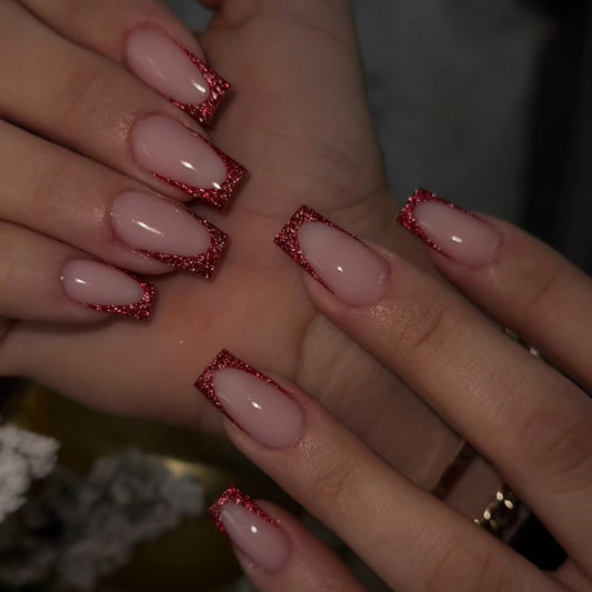 24PCS Fire Glass Press On Nails Simple Wine Red Cat Eye French Color Change Nail Patch Handmade Nail Short