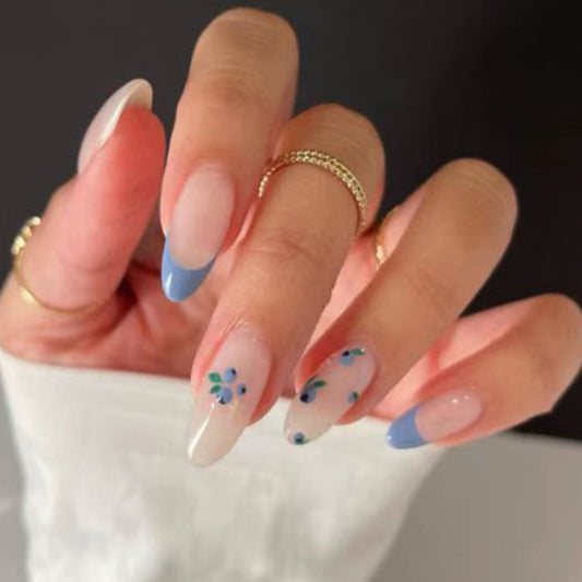 24pcs Blue Small Floral Sweetheart 2025 New Press On Nails Milk White Premium Long Nail Whitening Pure Desire Style