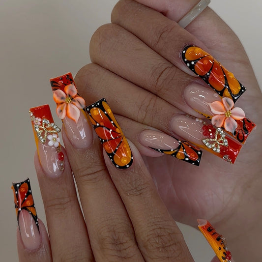 24pcs ins European and American spicy girls summer orange carved French long style Press On Nails