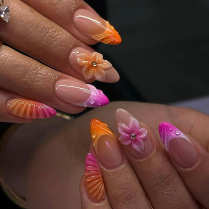 24pcs Almond False Nails Tips Summer Beach Colorful Nails Se