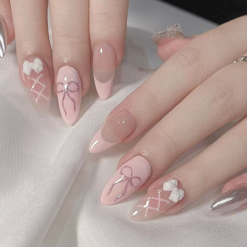 24Pcs Cute Pink Fake Nails Long Almond Press on Nails with B