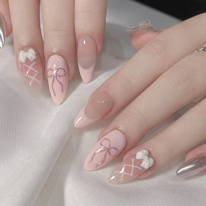 24Pcs Cute Pink Fake Nails Long Almond Press on Nails with B