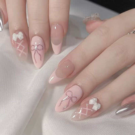 24Pcs Cute Pink Fake Nails Long Almond Press on Nails with B