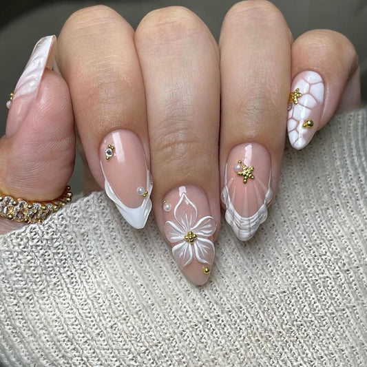 24pcs Almond Press on Nails Flower False Nails Wearable Stic