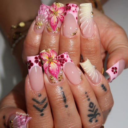 24pcs French Press on Nails Art Simple Pink Flower Star Desi