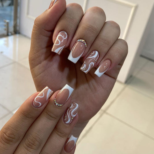 24Pcs Pink Long Square False Nails Ballet Glittring Nail wi