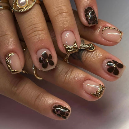 24Pcs brown petal flower hot selling Press On Nails nail plate short square nail 3D nail art fake nail art