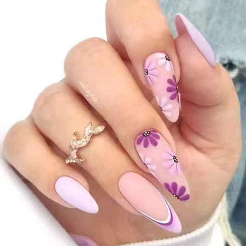 24Pcs Cute Chrysanthemum Almond Nail Press On Nails European and American Ins Style Sweet Pink Purple Simple French Matte Nail Flakes