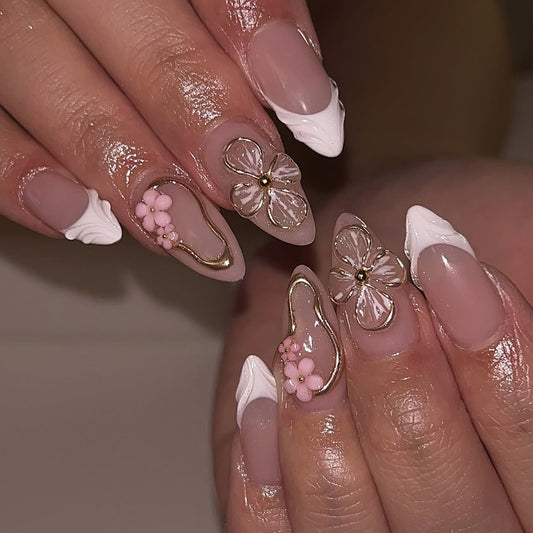 24PCS 3D Sweet Pink Flower Almond Press on False Nails with