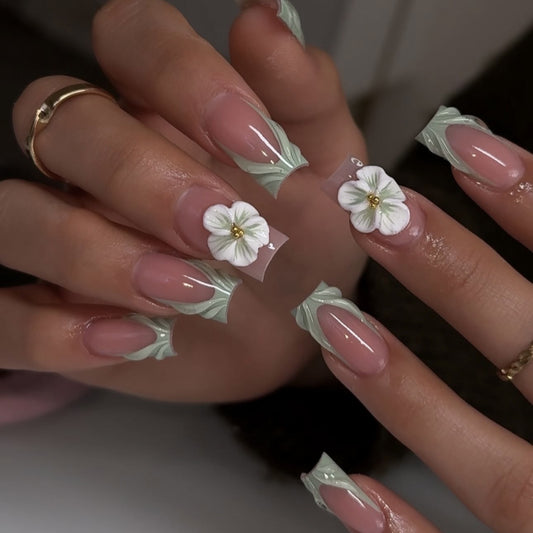 24pcs 3D ripple green French style cool and refreshing European and American ins style detachable Press On Nails
