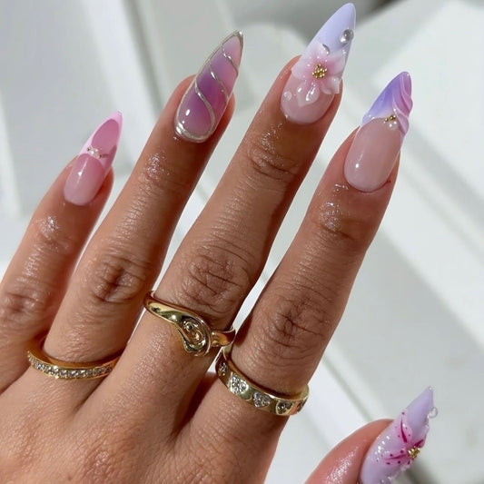 24PCS 3D Sweet Pink Flower Almond Press on False Nails with