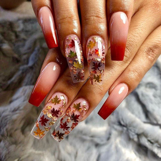 24pcs set Medium long fake nails yellow dragon flowers feath