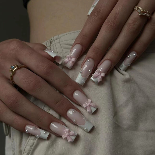 24pcs White French Style Fake Nails Gentle Pink Press on Nails 3D