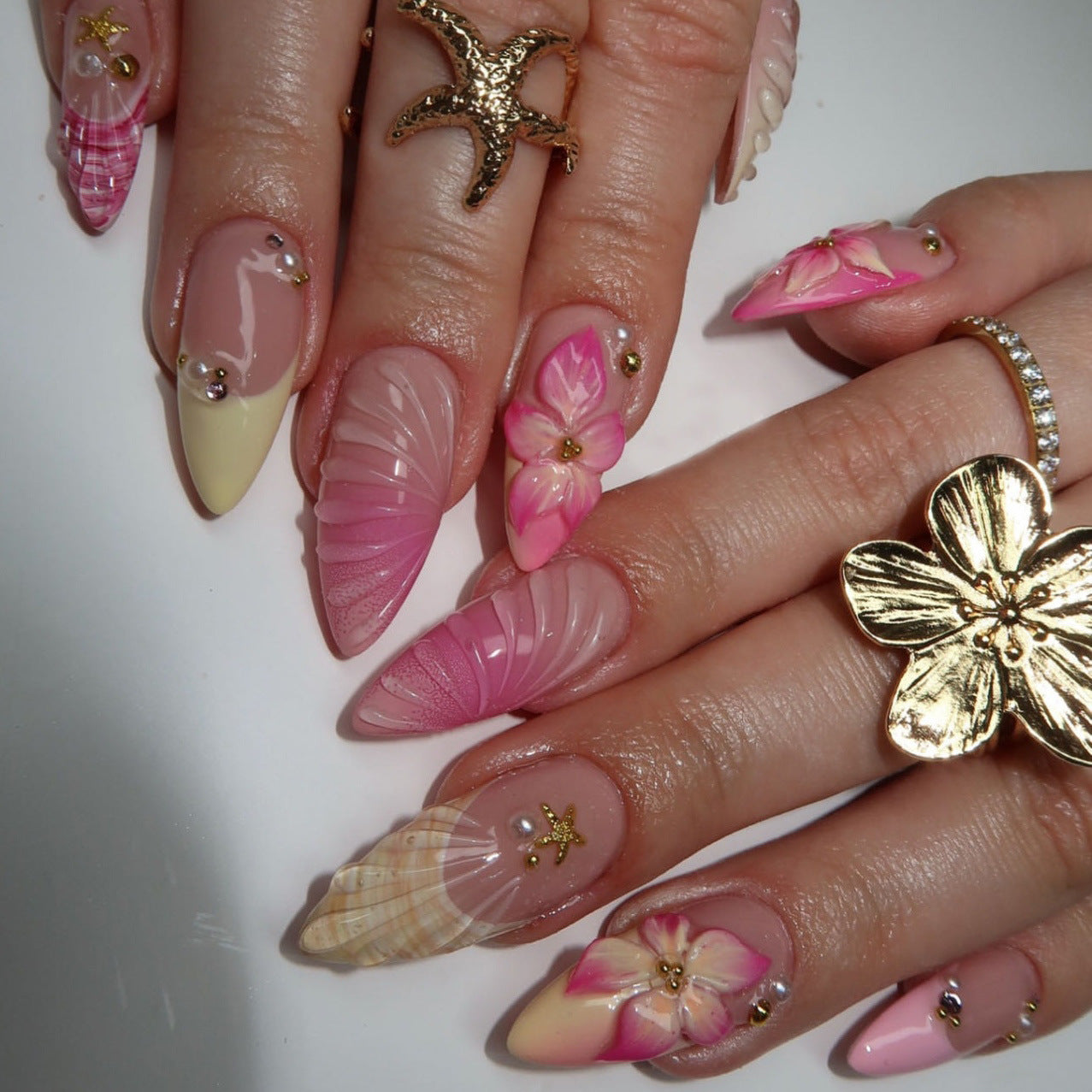 3D starfish gorgeous pearl flower shell pattern sweet girl European and American ins style nail art Press On Nails 24 pieces