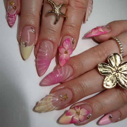 3D starfish gorgeous pearl flower shell pattern sweet girl European and American ins style nail art Press On Nails 24 pieces