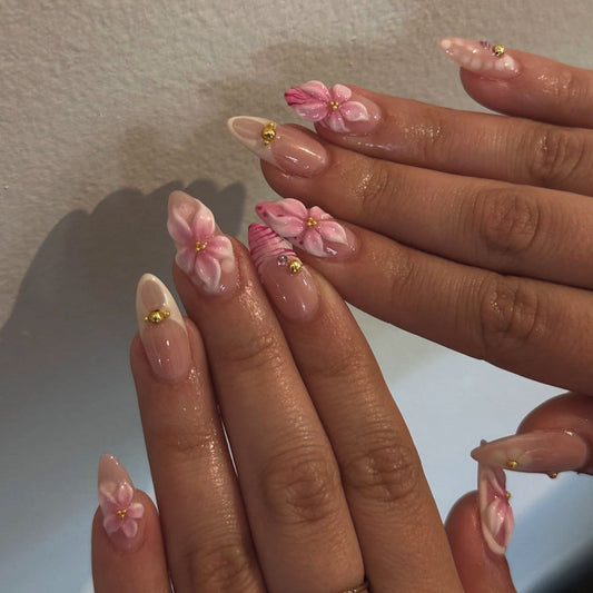 24PCS 3D Sweet Pink Flower Almond Press on False Nails with