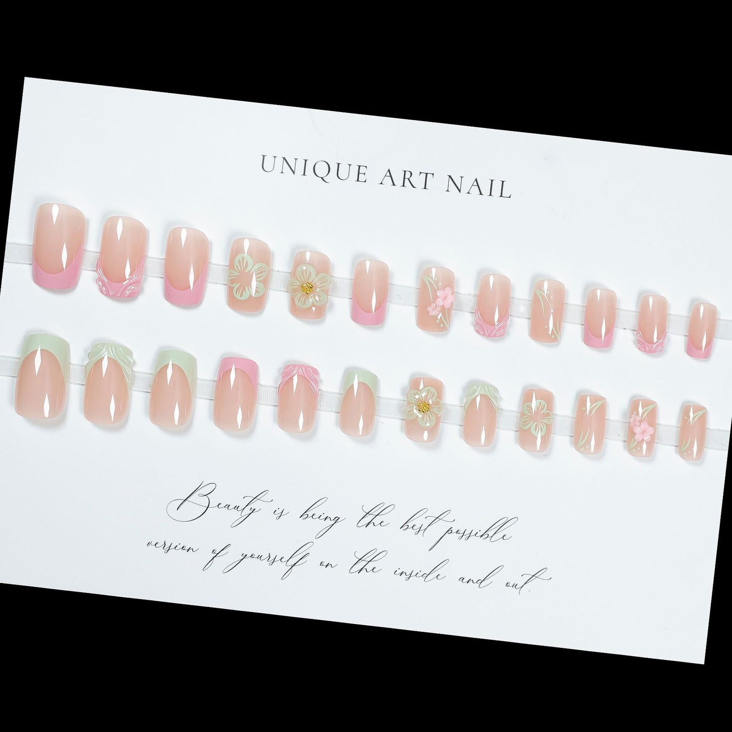 24Pcs French 3D powder blusher gradual enhancement short square wearable nail piece finished flower Press On Nails nail piece