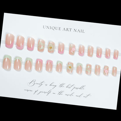 24Pcs French 3D powder blusher gradual enhancement short square wearable nail piece finished flower Press On Nails nail piece