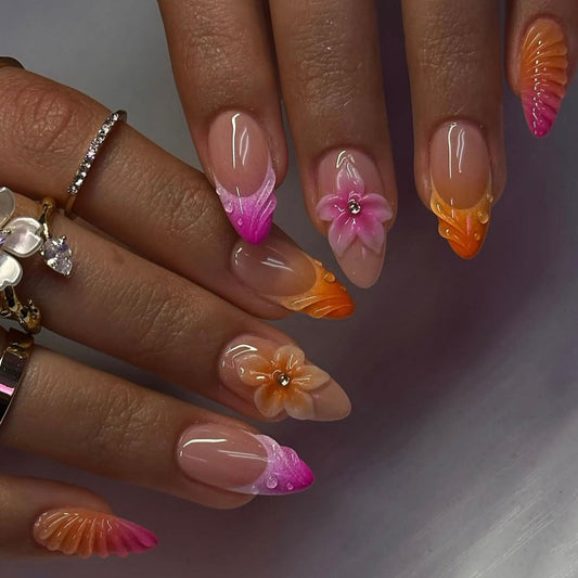 24pcs Almond False Nails Tips Summer Beach Colorful Nails Se