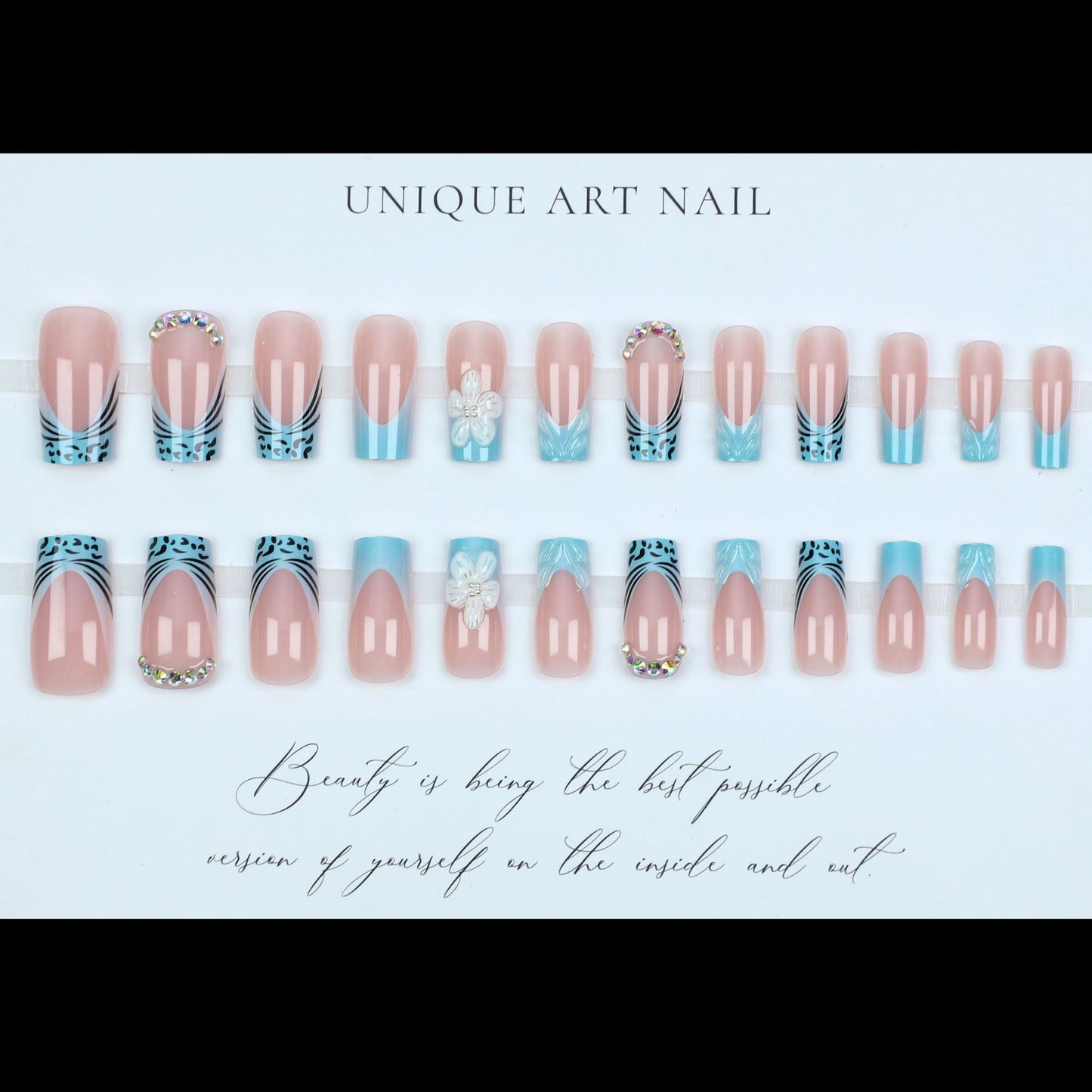 24PCS Blues Leopard Print Press On Nails Blue French European and American Foreign Trade Style High End, niche nail art