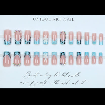24PCS Blues Leopard Print Press On Nails Blue French European and American Foreign Trade Style High End, niche nail art