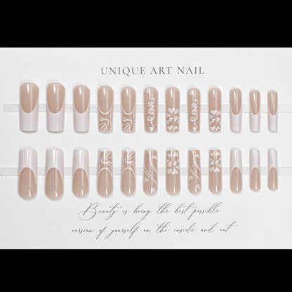 24Pcs Elegant Flower French Press On Nails Detachable French New Nail Whitening Finished Product Advanced Nail Patch