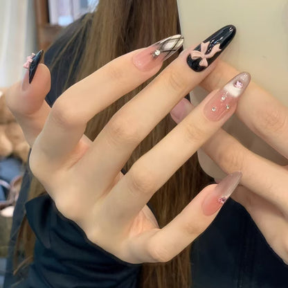 24Pcs Princess Grid Black French Bow Sticker Diamond Gradient Cat Eye Nail Medium Long Press On Nails