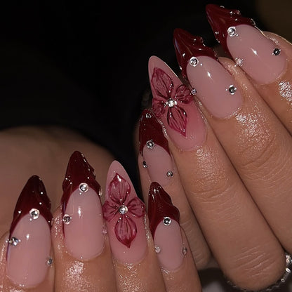 24PCS French Wine Red Press On Nails Simple Petal Flowers Hot Selling Nail Slices in Europe and America Press on Nails