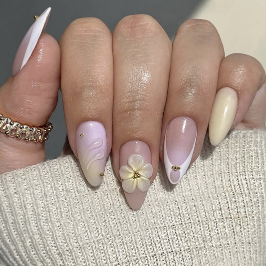 24PCS 3D Sweet Pink Flower Almond Press on False Nails with