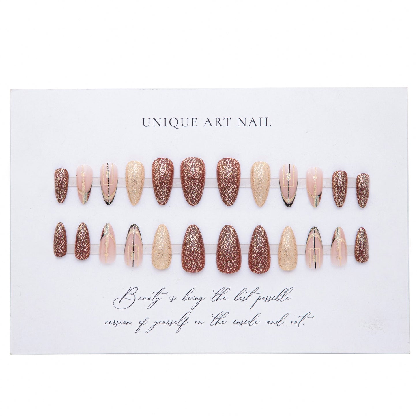 24Pcs Pink Almond False Nails Shiny Golden Ripples Stiletto Press-On Nails