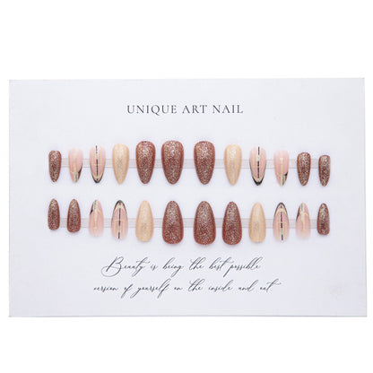 24Pcs Pink Almond False Nails Shiny Golden Ripples Stiletto Press-On Nails