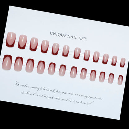 24PCS Fire Glass Press On Nails Simple Wine Red Cat Eye French Color Change Nail Patch Handmade Nail Short