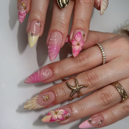 3D starfish gorgeous pearl flower shell pattern sweet girl European and American ins style nail art Press On Nails 24 pieces