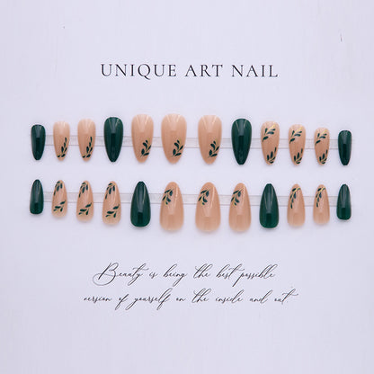 24Pcs small fresh bright color frosted double panel nail art cool and simple green leaf Press On Nails dark green temperament sweet and cool ins style