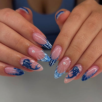 24Pcs Sea Salt Wave Point Ins Wind Summer Fresh Press On Nails~European and American Simple Round Head Nail Fake Nail Patch