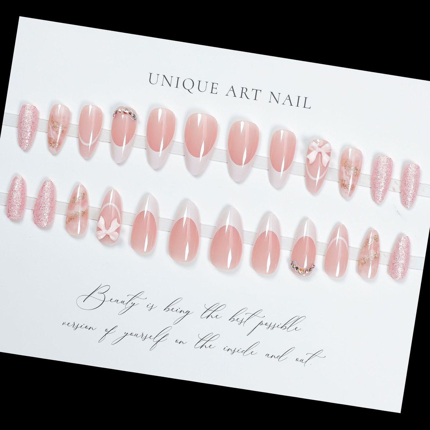 24Pcs Pink Almond False Nails Butterfly Ballet with French